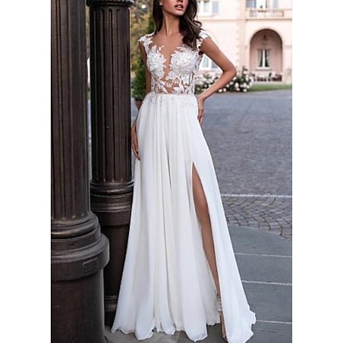 

A-Line Wedding Dresses V Neck Sweep / Brush Train Chiffon Lace Cap Sleeve Backless Illusion Sleeve with Lace Insert Split Front 2022