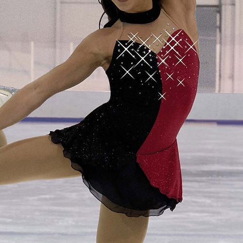 

Figure Skating Dress Women's Girls' Ice Skating Dress Outfits Black / Red Patchwork Spandex High Elasticity Training Competition Skating Wear Handmade Patchwork Crystal / Rhinestone Sleeveless Ice