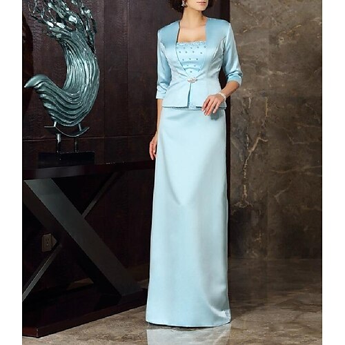 

Two Piece Sheath / Column Mother of the Bride Dress Elegant Strapless Floor Length Satin 3/4 Length Sleeve with Draping 2022