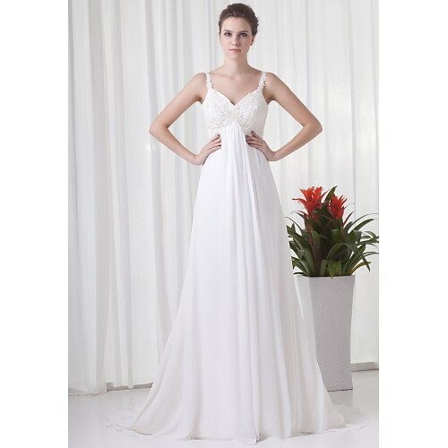 

A-Line Wedding Dresses V Neck Court Train Chiffon Satin Spaghetti Strap with Beading Appliques 2022