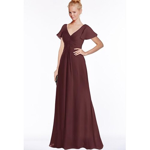 

A-Line Bridesmaid Dress V Neck Short Sleeve Elegant Floor Length Chiffon with Ruching 2022