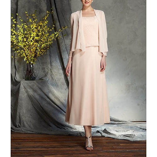 

A-Line Mother of the Bride Dress Spaghetti Strap Tea Length Chiffon 3/4 Length Sleeve Wrap Included with Ruching 2022