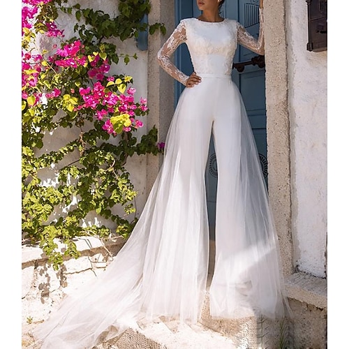 

Abiti da sposa Strascico di corte Tute Manica lunga Con decorazione gioiello Poliestere Con Con applique 2023 Abiti da sposa