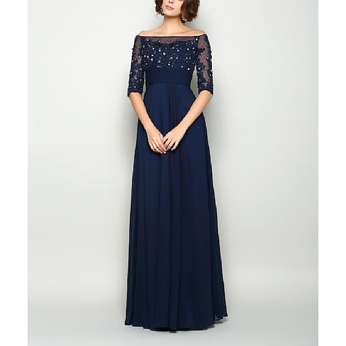 

A-Line Mother of the Bride Dress Elegant & Luxurious Off Shoulder Floor Length Chiffon Lace Half Sleeve with Sash / Ribbon Pleats Crystals 2022