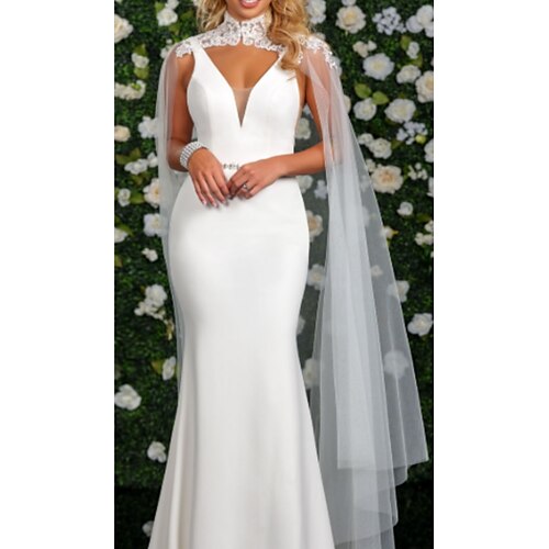 

Mermaid / Trumpet Wedding Dresses High Neck Watteau Train Stretch Satin Cap Sleeve Cape with Buttons 2022