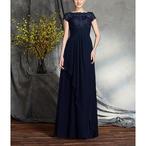 

A-Line Mother of the Bride Dress Elegant & Luxurious Bateau Neck Floor Length Chiffon Lace Short Sleeve with Sash / Ribbon Ruffles 2022