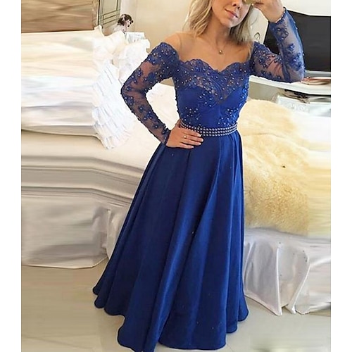 

A-Line Elegant Prom Formal Evening Dress Off Shoulder Long Sleeve Floor Length Lace with Pleats Beading 2022