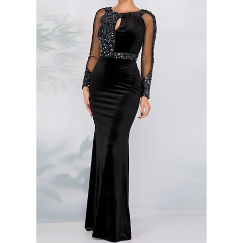 

Sheath / Column Sparkle Wedding Guest Formal Evening Dress Jewel Neck Long Sleeve Floor Length Tulle with Crystals Sequin 2022