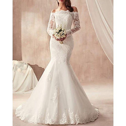 

Mermaid / Trumpet Wedding Dresses Off Shoulder Sweep / Brush Train Tulle Regular Straps Illusion Sleeve with Appliques 2022