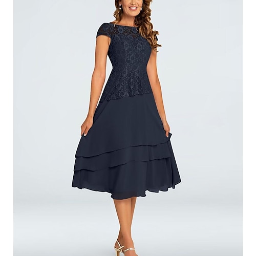 

A-Line Mother of the Bride Dress Plus Size Jewel Neck Tea Length Chiffon Short Sleeve with Lace Tier 2022