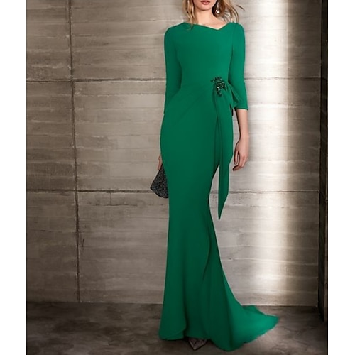 

Sheath / Column Elegant Formal Evening Dress Y Neck 3/4 Length Sleeve Sweep / Brush Train Jersey with Appliques 2022