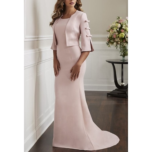 

Sheath / Column Mother of the Bride Dress Elegant & Luxurious Jewel Neck Sweep / Brush Train Satin 3/4 Length Sleeve Short Jacket Dresses with Bow(s) 2022