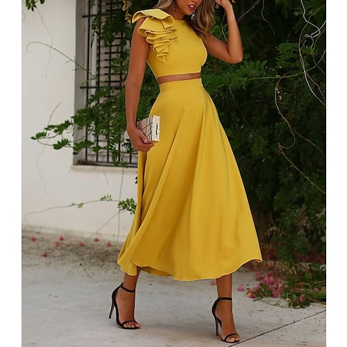 

Two Piece Cocktail Dresses Elegant Vintage Dress Graduation Wedding Guest Ankle Length Jewel Neck Sleeveless Satin with Ruffles Pure Color 2022 Open Back Details