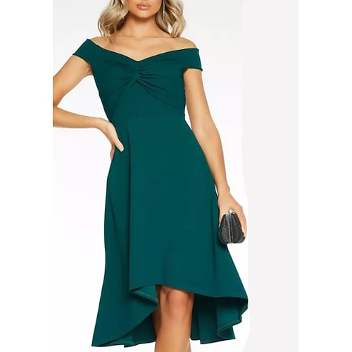 

A-Line Cocktail Dresses Hot Dress Wedding Guest Asymmetrical Short Sleeve Off Shoulder Jersey with Ruched 2022 / Cocktail Party / High Low