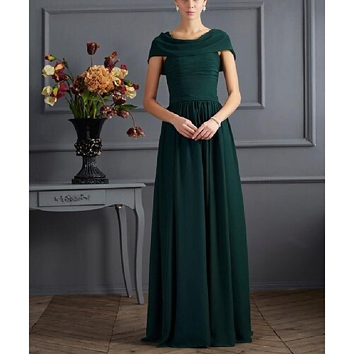 

A-Line Mother of the Bride Dress Elegant & Luxurious Cowl Neck Floor Length Chiffon Short Sleeve with Crystals 2022