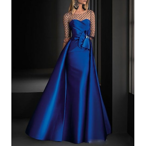 

A-Line Vintage Engagement Formal Evening Dress Illusion Neck Half Sleeve Floor Length Satin with Crystals Overskirt 2022