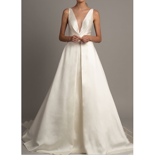 

A-Line Wedding Dresses V Neck Court Train Stretch Satin Regular Straps with Ruched 2022
