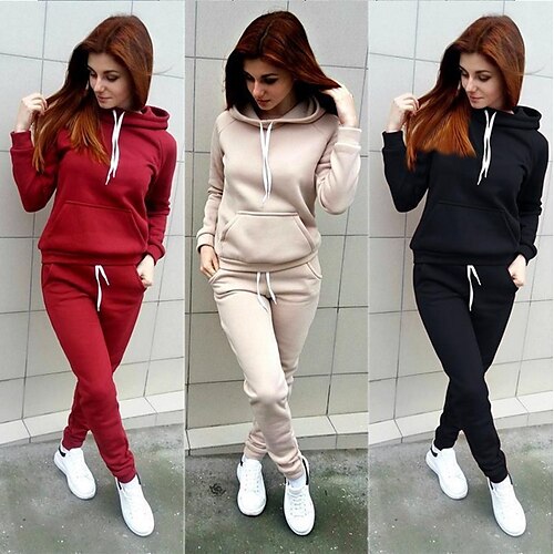 

Women's 2 Piece Tracksuit Sweatsuit Street Casual Long Sleeve Windproof Breathable Soft Fitness Running Jogging Sportswear Solid Colored Hoodie Track pants Black Red Pink Khaki Gray Activewear