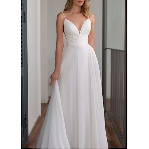 

A-Line Wedding Dresses V Neck Floor Length Chiffon Spaghetti Strap with Draping 2022