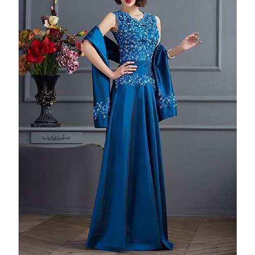 

Two Piece A-Line Mother of the Bride Dress Wrap Included V Neck Floor Length Chiffon Lace Short Sleeve with Sash / Ribbon Ruching 2022