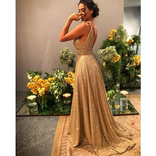 A-Line Prom Dresses Glittering Dress Evening Party Dress Formal Evening Sweep / Brush Train Sleeveless Spaghetti Strap Stretch Satin Backless with Rhinestone 2024