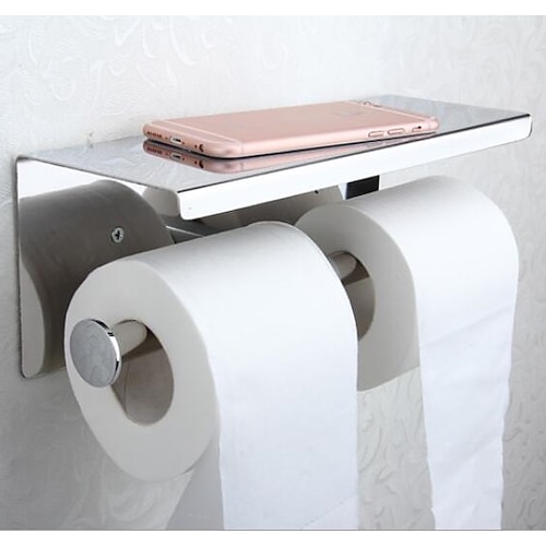 

Double Toilet Paper Holder New Design Modern Stainless Steel and Iron with Mobile Phone Storage Shelf Wall Mounted Silvery 1pc