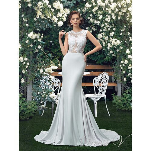 

Mermaid / Trumpet Wedding Dresses Jewel Neck Court Train with Appliques 2022