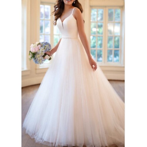 

A-Line Wedding Dresses V Neck Sweep / Brush Train Tulle Charmeuse Spaghetti Strap with Draping Appliques 2022