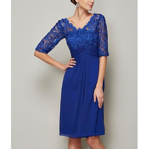 

A-Line Mother of the Bride Dress See Through V Neck Jewel Neck Knee Length Chiffon Lace Half Sleeve with Pleats 2022