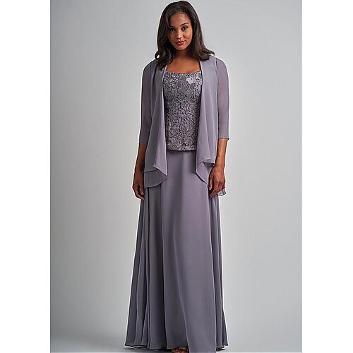 

Two Piece A-Line Mother of the Bride Dress Elegant Square Neck Floor Length Chiffon Lace 3/4 Length Sleeve Wrap Included with Appliques 2022