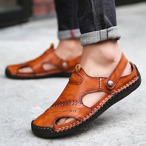 

Men's Sandals Slippers Comfort Shoes Plus Size Casual Beach Walking Shoes Cowhide Breathable Dark Brown Brown Black Spring Summer