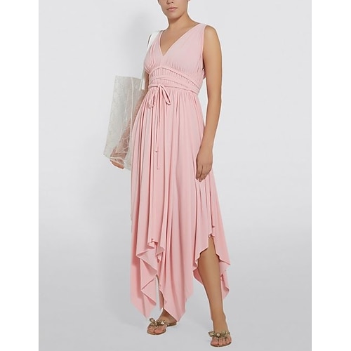 

A-Line Cocktail Dresses Elegant Dress Holiday Asymmetrical Sleeveless Plunging Neck Jersey with Sash / Ribbon Pleats 2022 / Cocktail Party / High Low