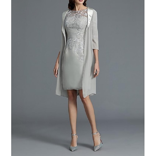 

Two Piece Sheath / Column Mother of the Bride Dress Wrap Included Jewel Neck Knee Length Chiffon 3/4 Length Sleeve with Lace Sash / Ribbon Crystal Brooch 2022