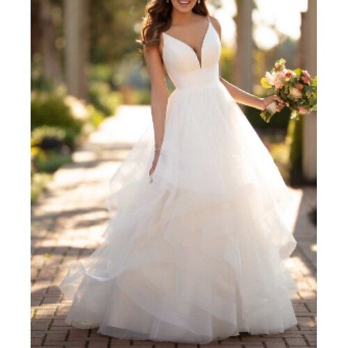 

Ball Gown Wedding Dresses V Neck Court Train Tulle Charmeuse Spaghetti Strap Formal Simple Little White Dress with Appliques Cascading Ruffles 2022