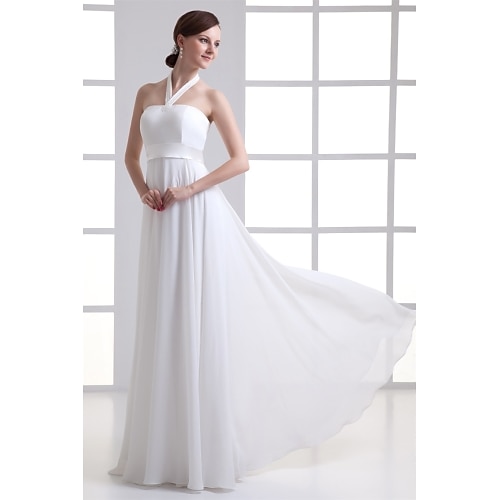 

A-Line Wedding Dresses Halter Neck Floor Length Chiffon Satin Strapless with Beading Draping 2022