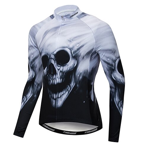 

21Grams Men's Cycling Jersey Long Sleeve Winter Bike Jersey Top with 3 Rear Pockets Mountain Bike MTB Road Bike Cycling Breathable Quick Dry Moisture Wicking Front Zipper Black White Skull Sugar Skull