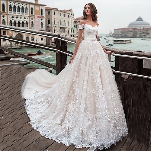 

Ball Gown A-Line Wedding Dresses Off Shoulder Chapel Train Lace Tulle Short Sleeve with Appliques 2022