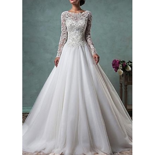 

A-Line Wedding Dresses Jewel Neck Sweep / Brush Train Lace Tulle Long Sleeve Glamorous Backless Illusion Sleeve with Buttons Lace Insert 2022