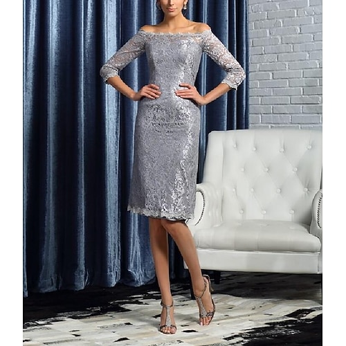 

Sheath / Column Mother of the Bride Dress Plus Size Off Shoulder Knee Length Satin Lace 3/4 Length Sleeve with Lace 2022