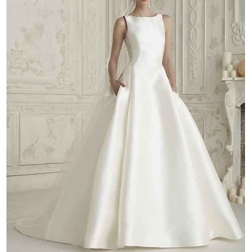 

A-Line Wedding Dresses Bateau Neck Court Train Satin Regular Straps Simple Sparkle & Shine with Bow(s) Buttons Lace Insert 2022