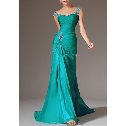 

Sheath / Column Evening Gown Open Back Dress Christmas Sweep / Brush Train Sleeveless Chiffon with Ruched Crystals Beading 2022