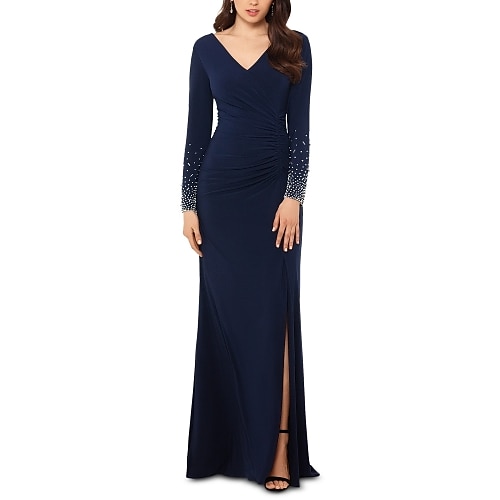 

Sheath / Column Mother of the Bride Dress Elegant & Luxurious V Neck Floor Length Spandex Long Sleeve with Beading Split Front Ruching 2022