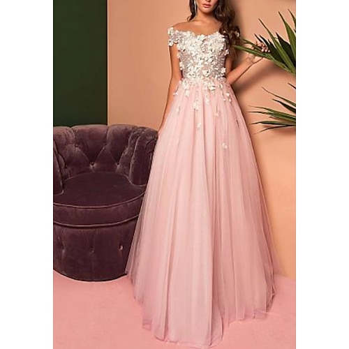 

A-Line Open Back Prom Dress Off Shoulder Short Sleeve Floor Length Lace with Pleats Appliques 2022