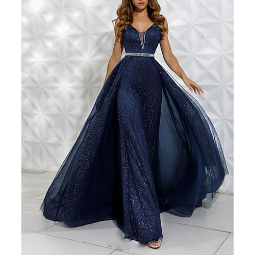 

A-Line Luxurious Engagement Formal Evening Dress V Neck Sleeveless Floor Length Tulle with Crystals Overskirt 2022