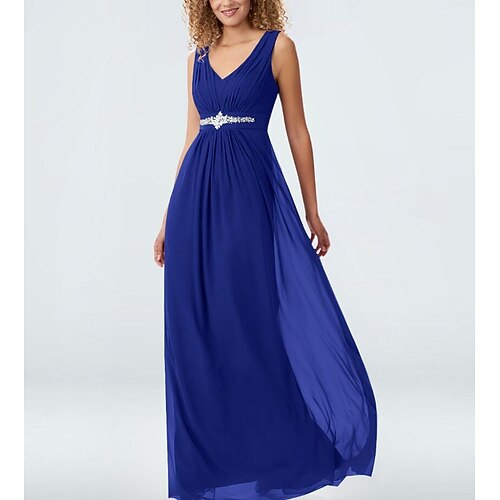 

A-Line Evening Dresses Elegant Dress Formal Evening Floor Length Sleeveless Plunging Neck Chiffon with Pleats Crystal Brooch 2022