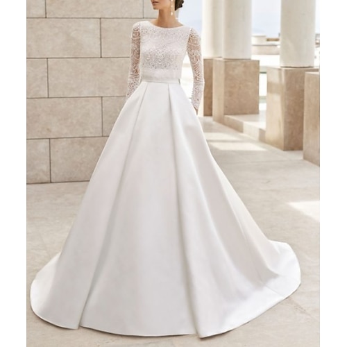 

A-Line Wedding Dresses Jewel Neck Court Train Lace Satin Long Sleeve Simple Elegant with Lace Insert 2022