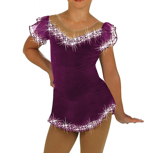 

Figure Skating Dress Women's Girls' Ice Skating Dress Outfits Purple Spandex High Elasticity Competition Skating Wear Handmade Crystal / Rhinestone Short Sleeve Ice Skating Figure Skating