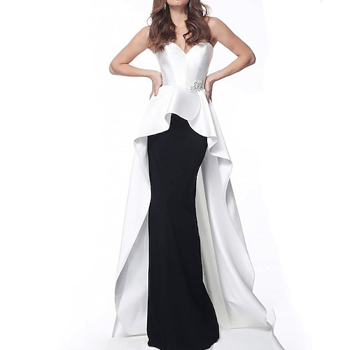 

A-Line Evening Dresses Color Block Dress Formal Evening Sweep / Brush Train Sleeveless Strapless Stretch Satin with Beading Sequin 2022