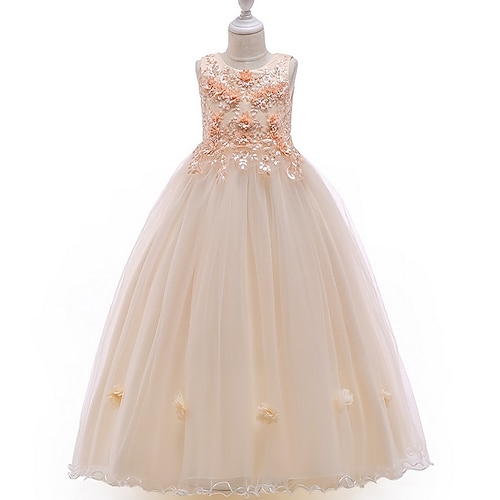 

First Communion Pageant & Performance A-Line Flower Girl Dresses Jewel Neck Floor Length Tulle Spring Summer with Bow(s) Beading Cute Girls' Party Dress Fit 3-16 Years