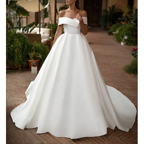 

A-Line Wedding Dresses Off Shoulder Court Train Satin Short Sleeve Plus Size with 2022